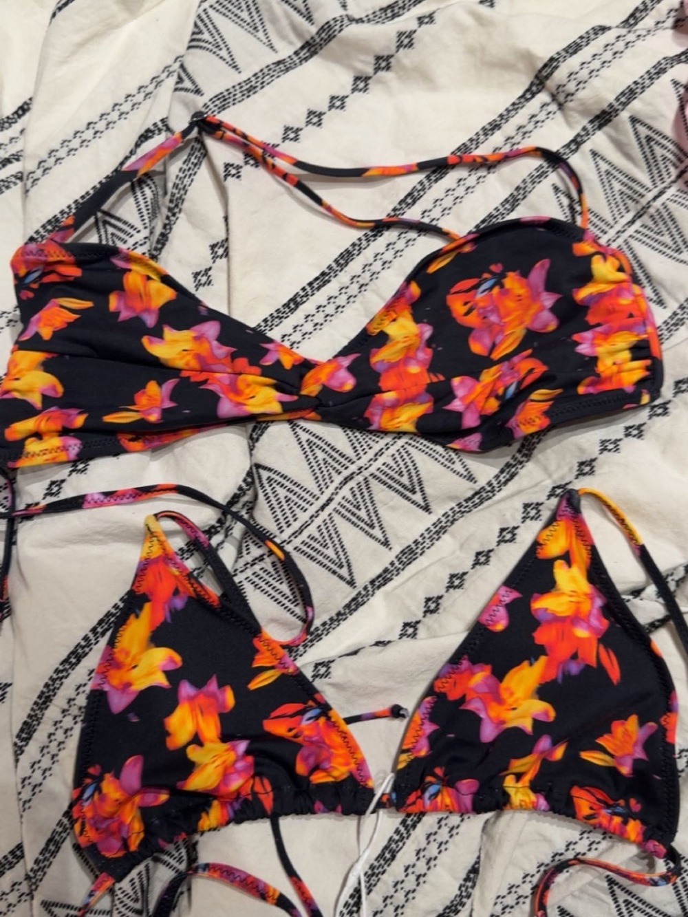 Floral Tie-Back Bikini Top - Black with Orange & Pink Floral